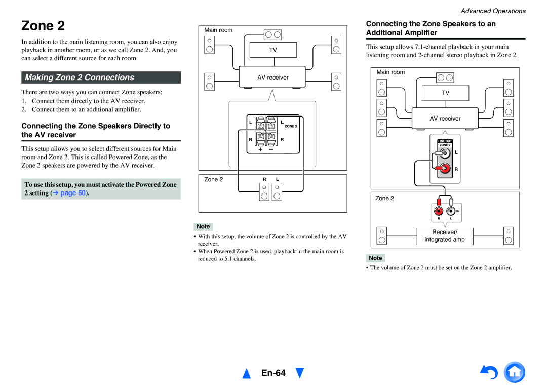 Onkyo HT-R791 En-64, Making Zone 2 Connections, Connecting the Zone Speakers Directly to the AV receiver 