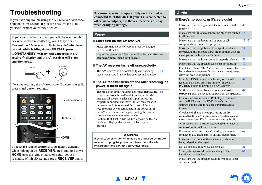 Onkyo HT-R791 instruction manual Troubleshooting, En-73, Power, Audio 