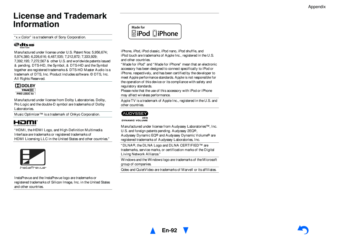 Onkyo HT-R791 instruction manual License and Trademark Information, En-92, Color is a trademark of Sony Corporation 