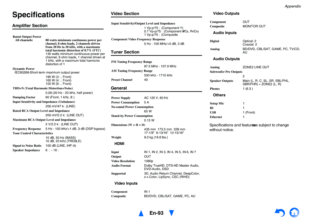 Onkyo HT-R791 instruction manual Specifications, En-93 