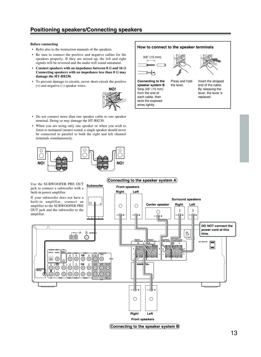 Onkyo HT-R8230 Positioning speakers/Connecting speakers, How to connect to the speaker terminals, Before connecting 