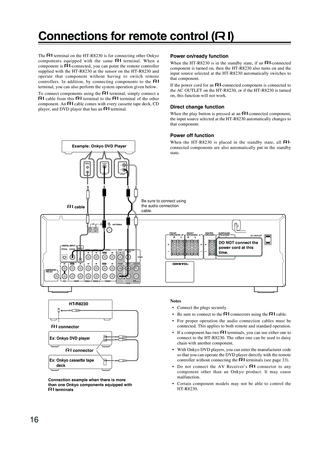 Onkyo HT-R8230 appendix Connections for remote control, Power on/ready function, Direct change function, Power off function 