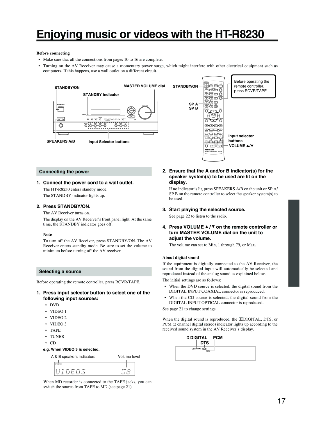 Onkyo appendix Enjoying music or videos with the HT-R8230, Press STANDBY/ON, Selecting a source, About digital sound 