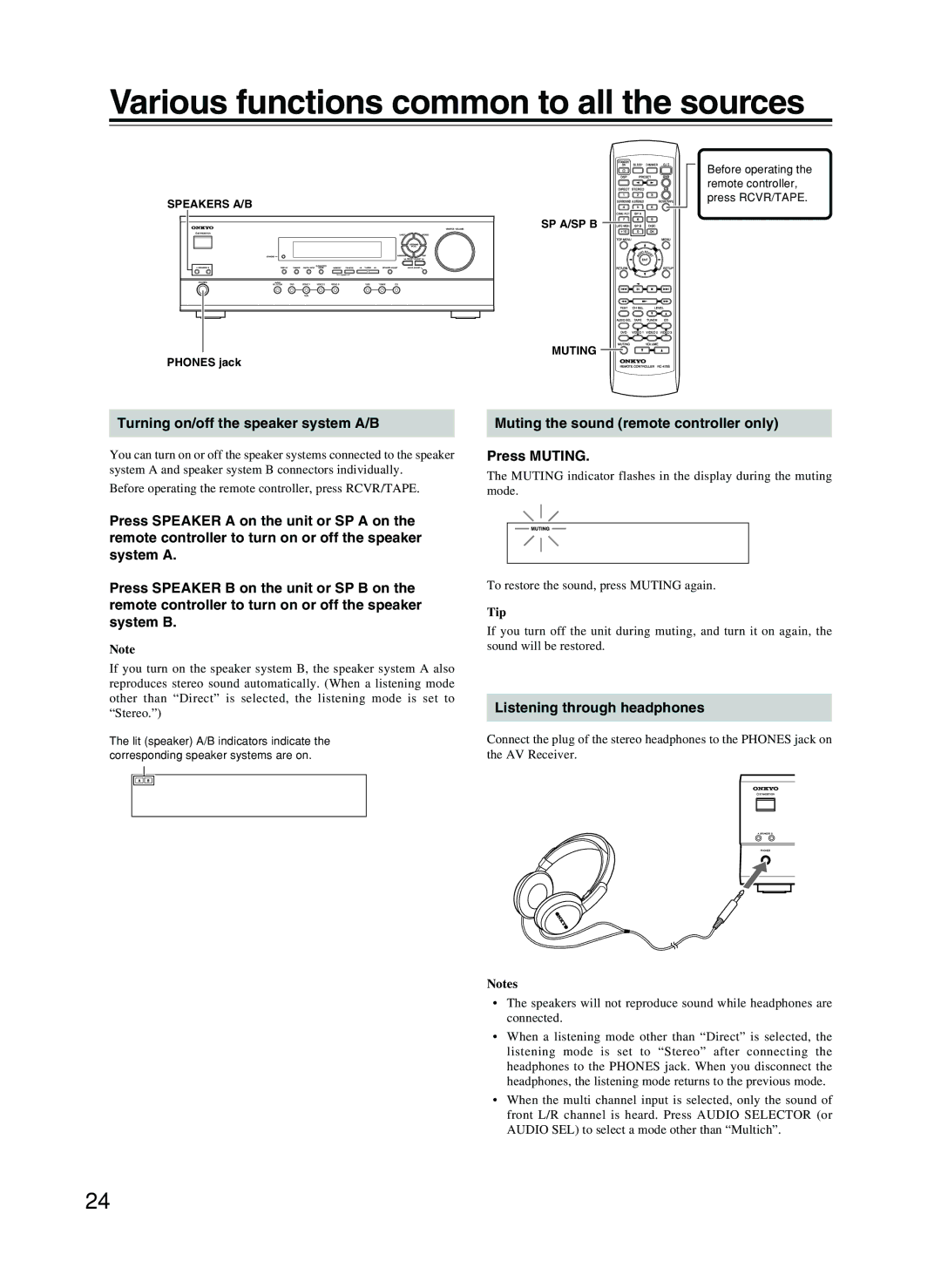 Onkyo HT-R8230 appendix Various functions common to all the sources, Turning on/off the speaker system A/B 