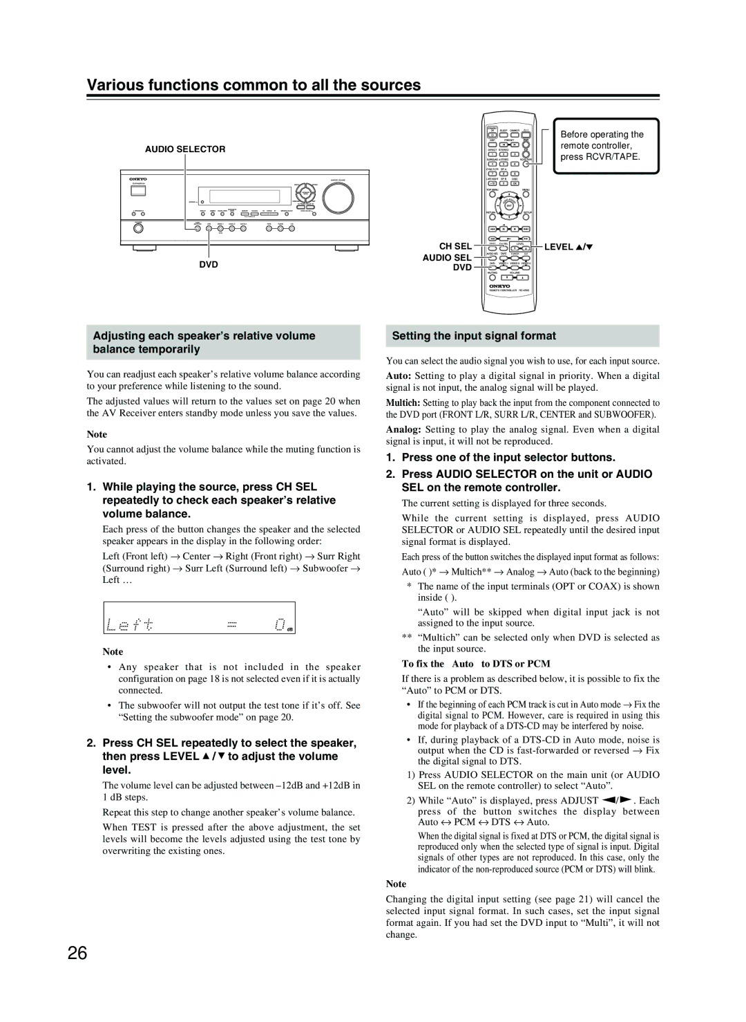 Onkyo HT-R8230 appendix Setting the input signal format, To fix the Auto to DTS or PCM 