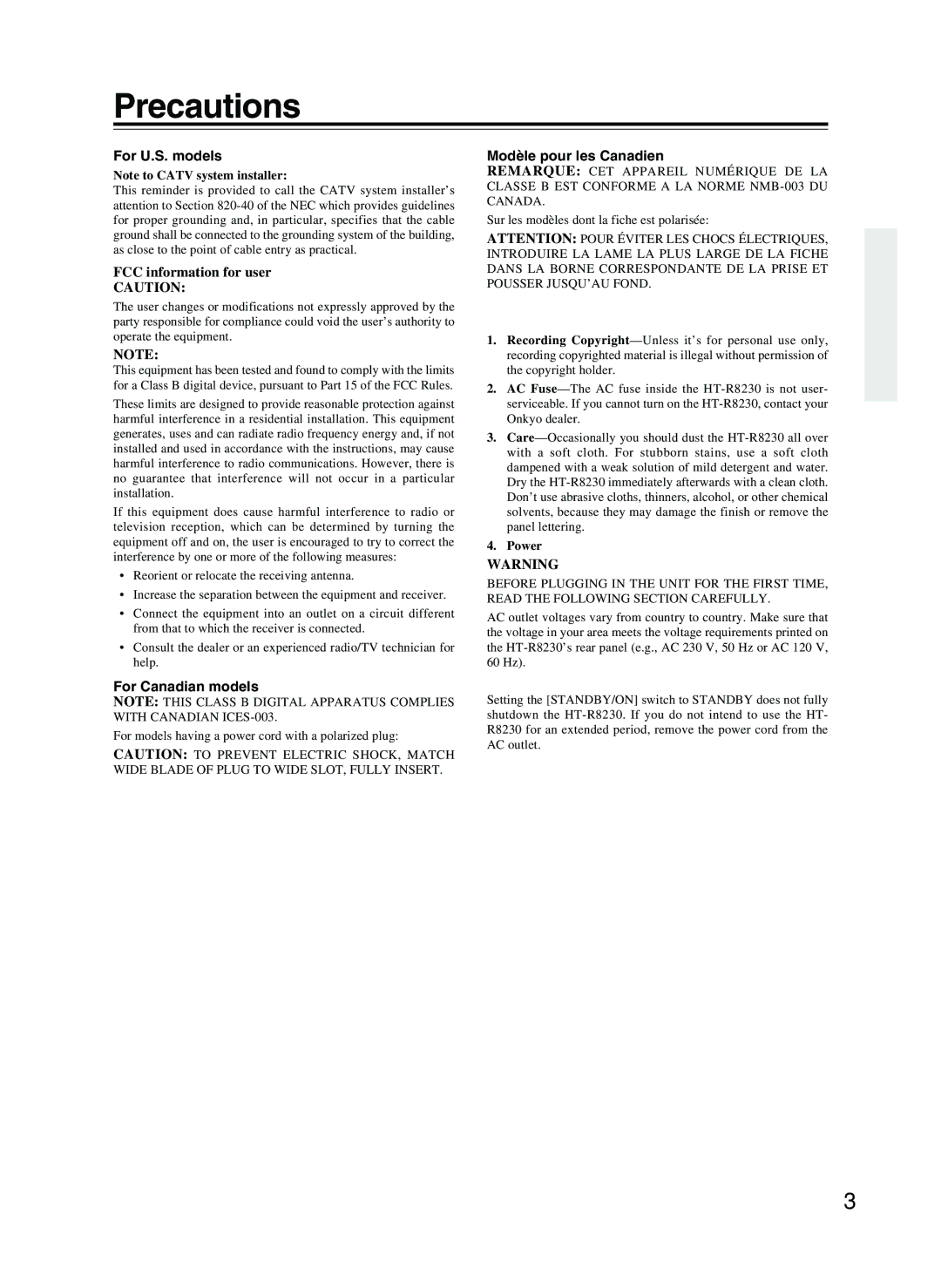 Onkyo HT-R8230 appendix Precautions, For U.S. models, For Canadian models, Modèle pour les Canadien, Power 