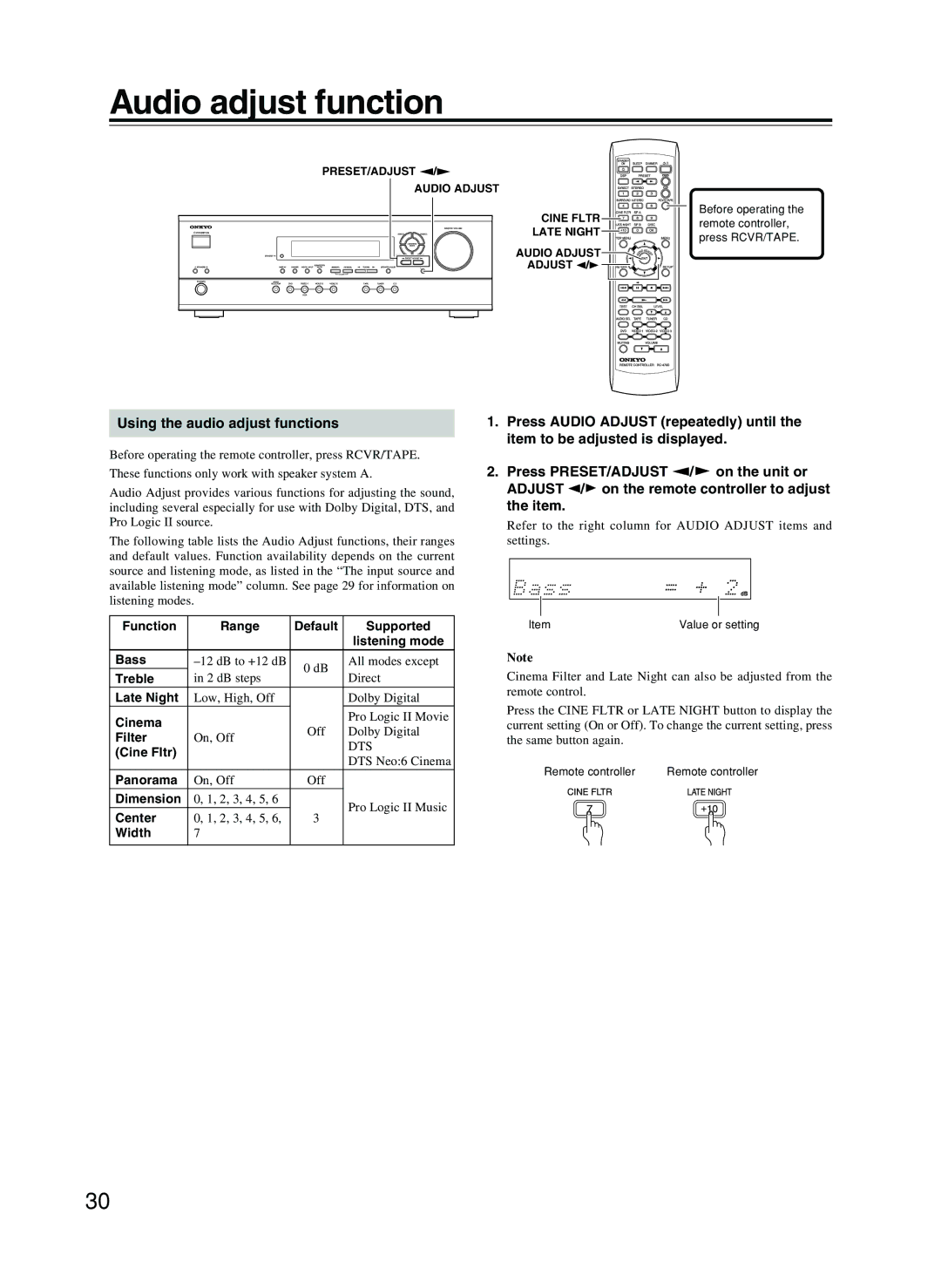 Onkyo HT-R8230 appendix Audio adjust function, Using the audio adjust functions 