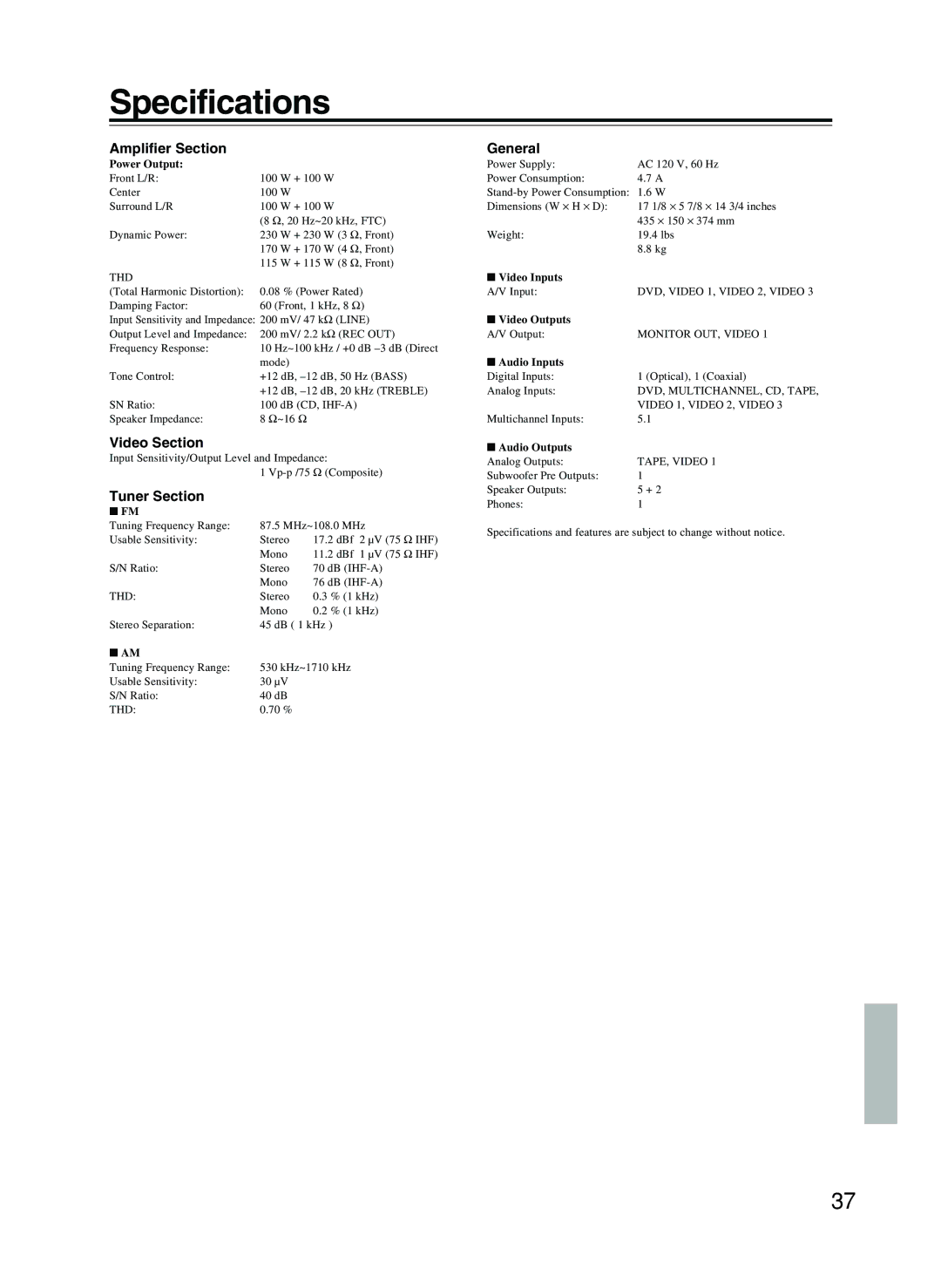 Onkyo HT-R8230 appendix Specifications, Amplifier Section, Video Section, Tuner Section, General 