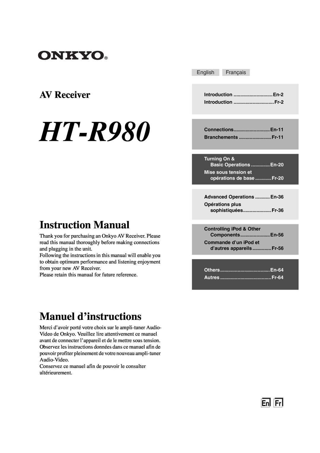 Onkyo HT-R980 instruction manual Instruction Manual, Manuel d’instructions, AV Receiver, EnFr 