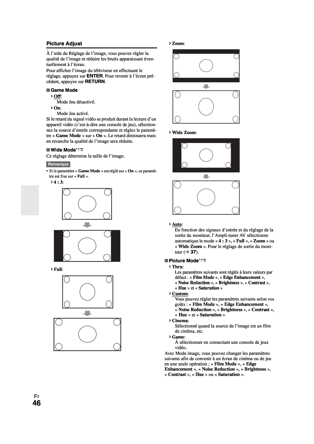 Onkyo HT-R980 instruction manual Picture Adjust, Game Mode, Wide Mode*1*2, Picture Mode*1*2 