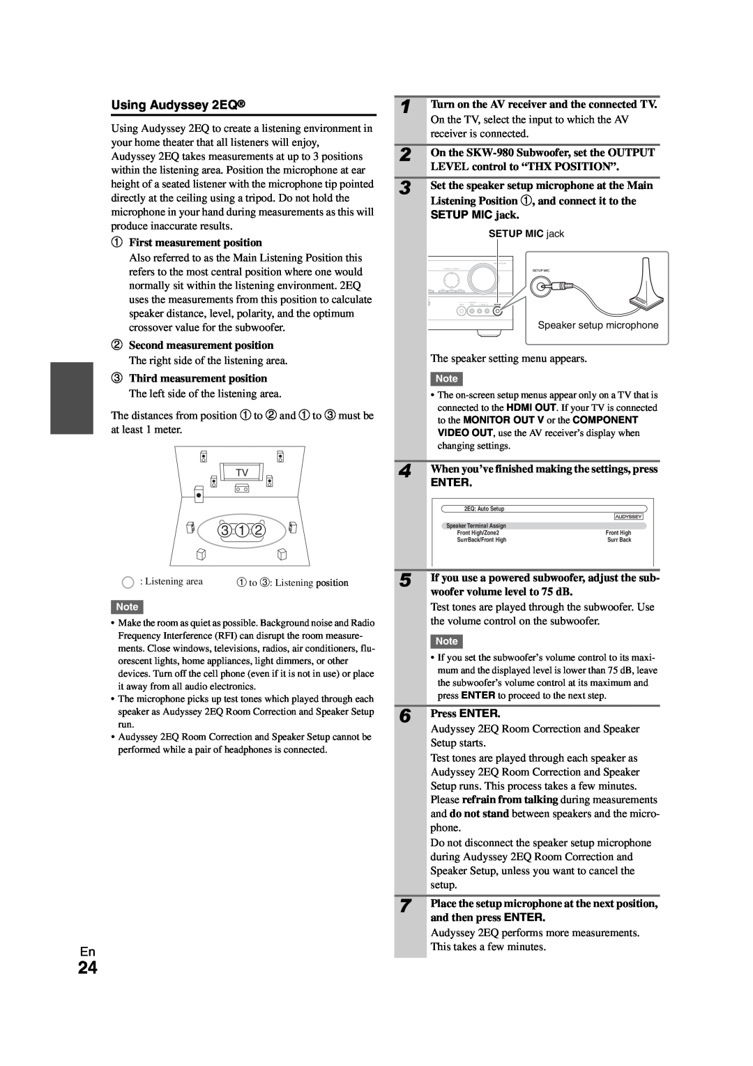Onkyo HT-R980 instruction manual Using Audyssey 2EQ, SETUP MIC jack, Enter 