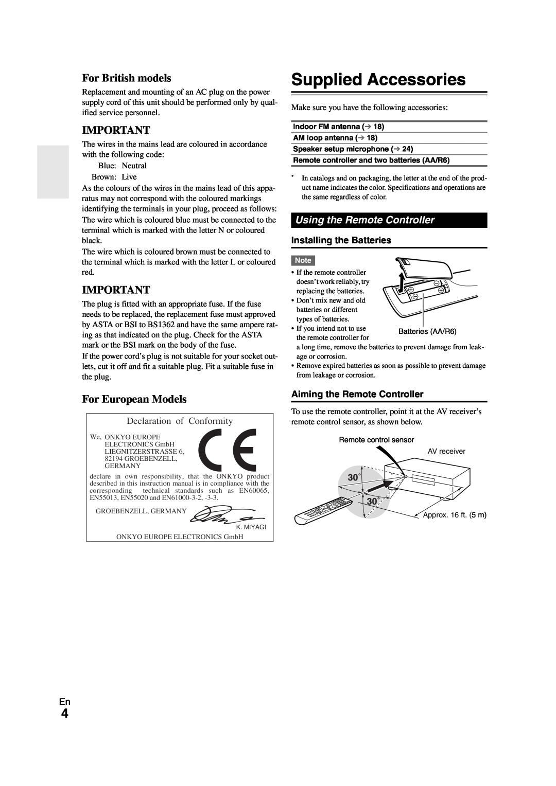 Onkyo HT-R980 instruction manual Supplied Accessories, For British models, For European Models, Using the Remote Controller 