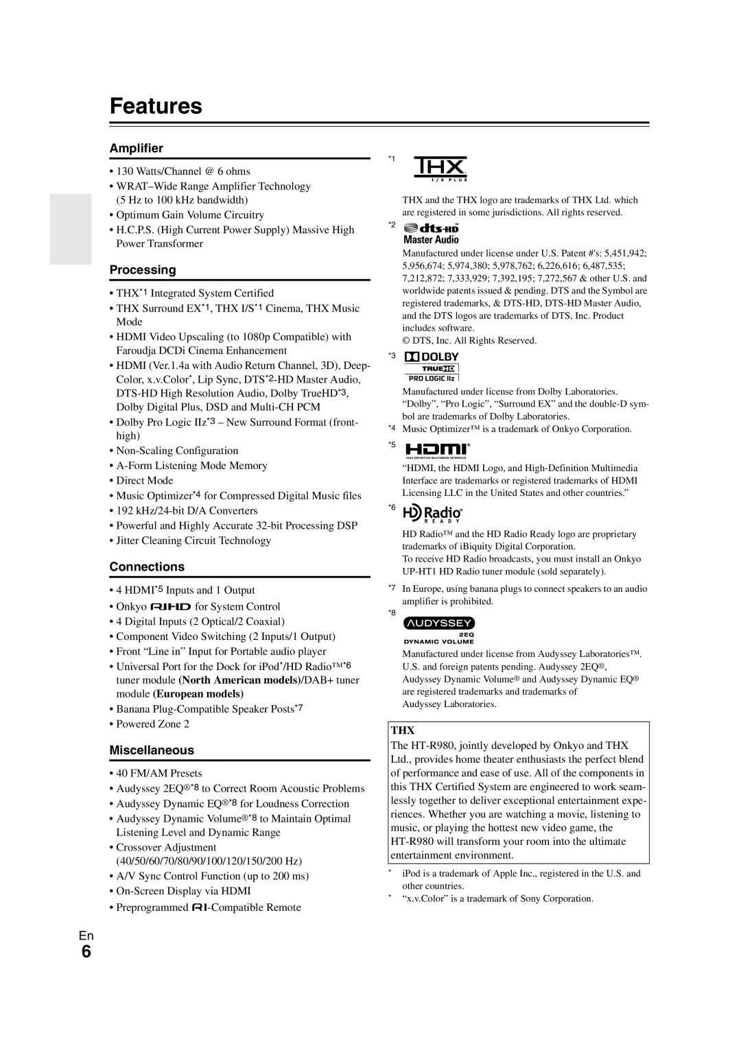 Onkyo HT-R980 instruction manual Features, Amplifier, Processing, Miscellaneous, Connections 