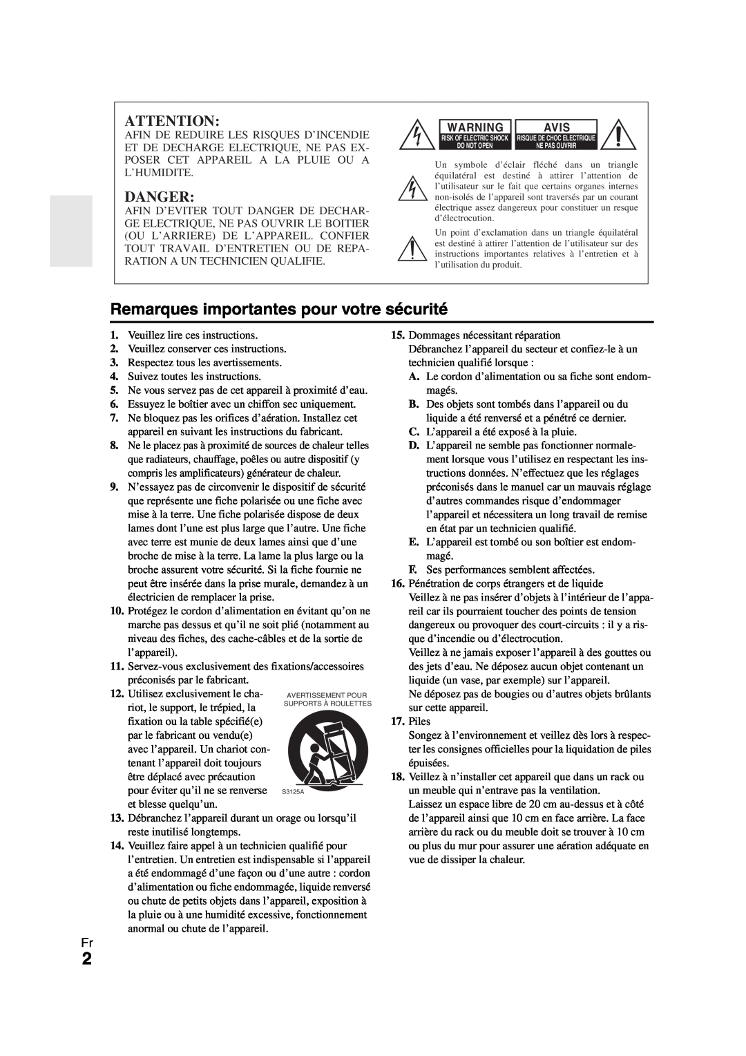 Onkyo HT-R980 instruction manual Remarques importantes pour votre sécurité, Danger, Avis 