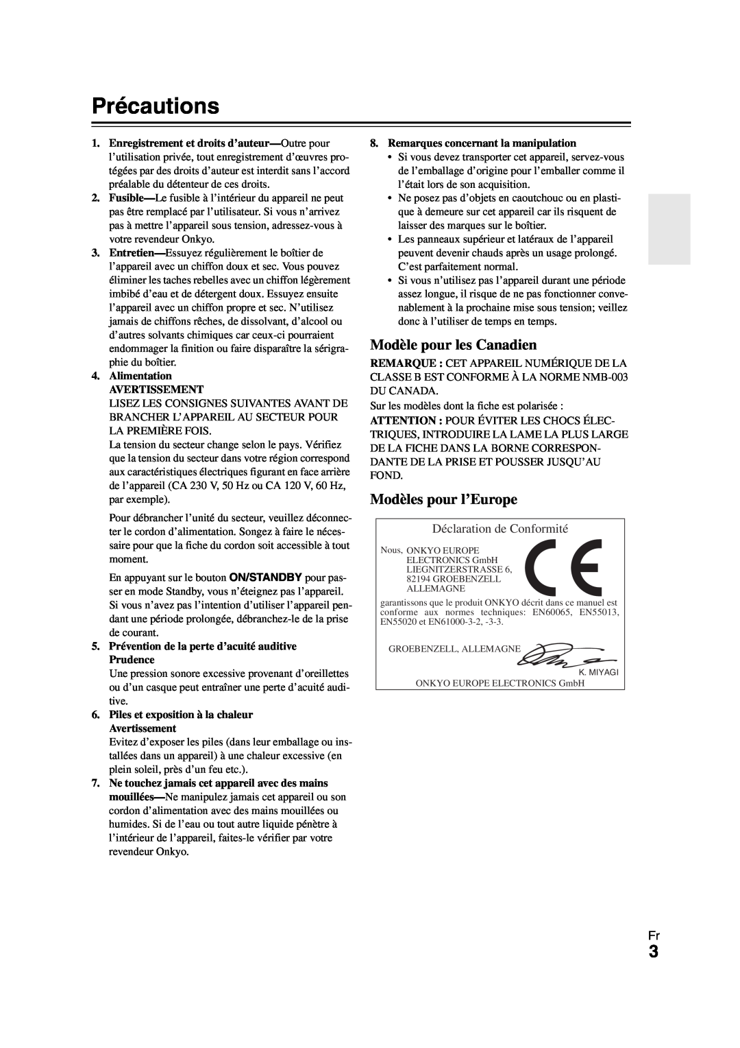 Onkyo HT-R980 instruction manual Précautions, Modèles pour l’Europe, Déclaration de Conformité, Modèle pour les Canadien 