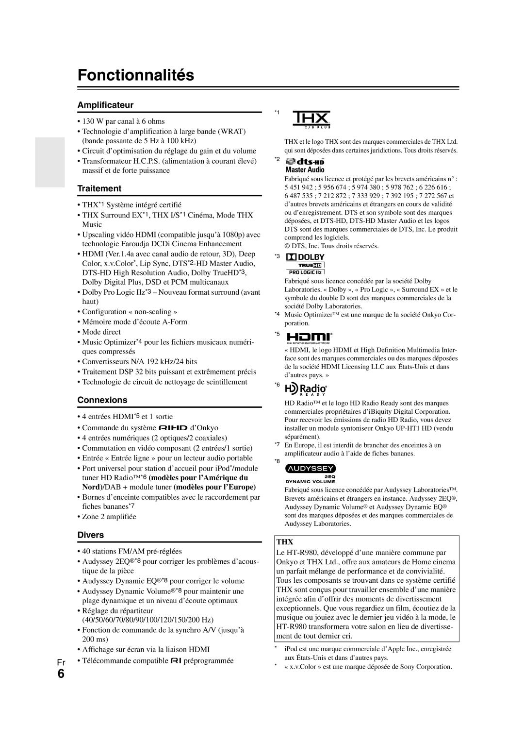 Onkyo HT-R980 instruction manual Fonctionnalités, Amplificateur, Traitement, Connexions, Divers 