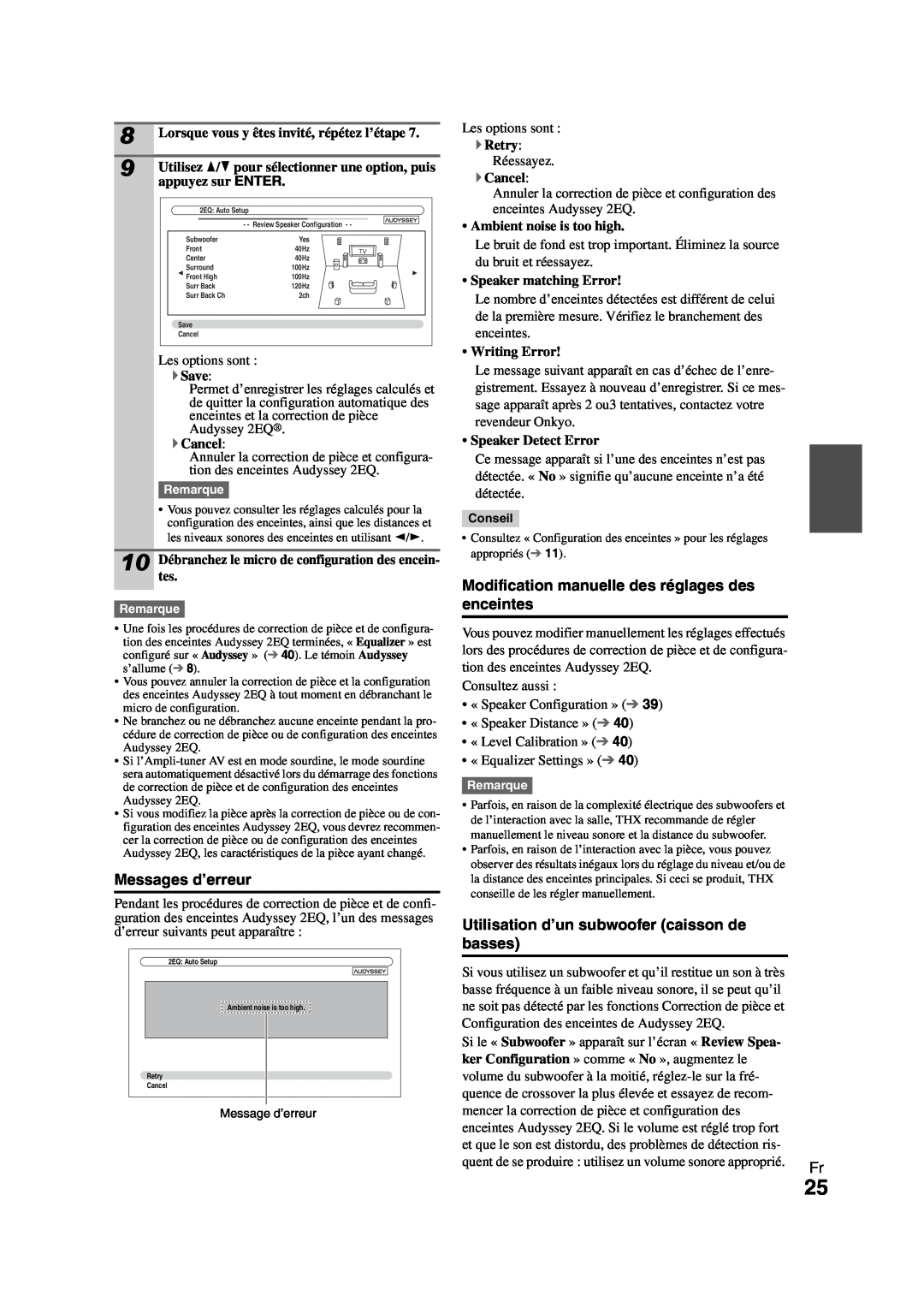 Onkyo HT-R980 instruction manual Messages d’erreur, Modification manuelle des réglages des enceintes 