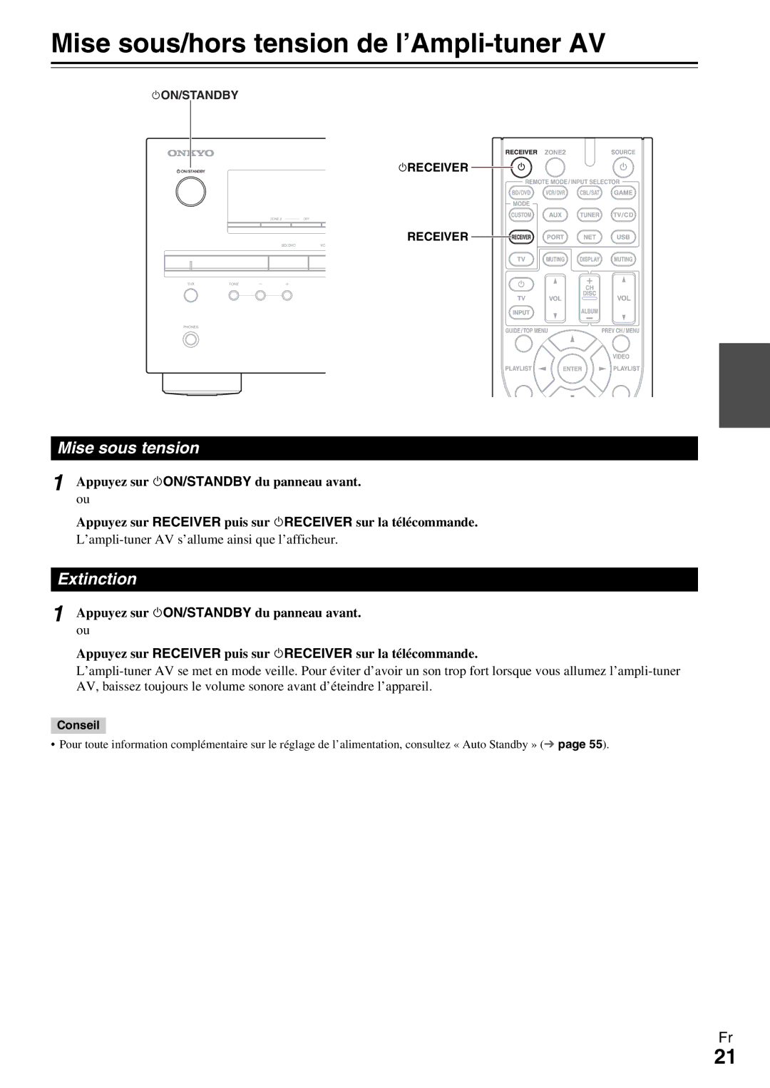 Onkyo HT-R990 instruction manual Mise sous/hors tension de l’Ampli-tuner AV, Mise sous tension, Extinction 