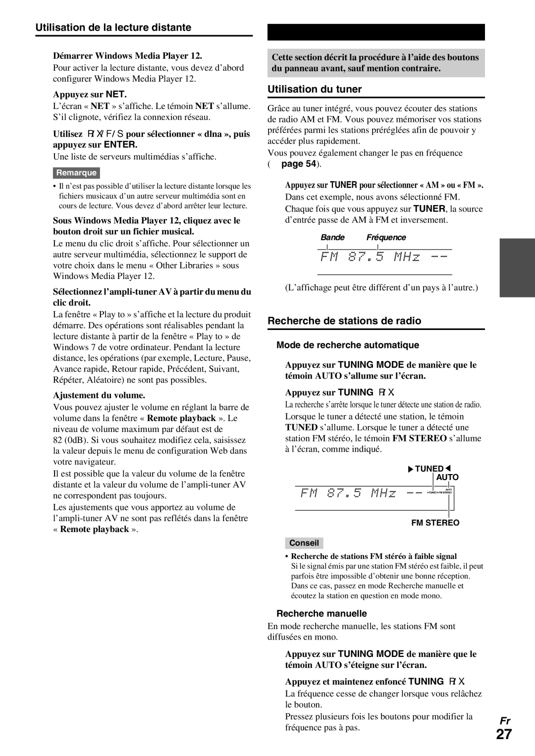 Onkyo HT-R990 instruction manual Écoute de la radio AM/FM, Utilisation de la lecture distante, Utilisation du tuner 