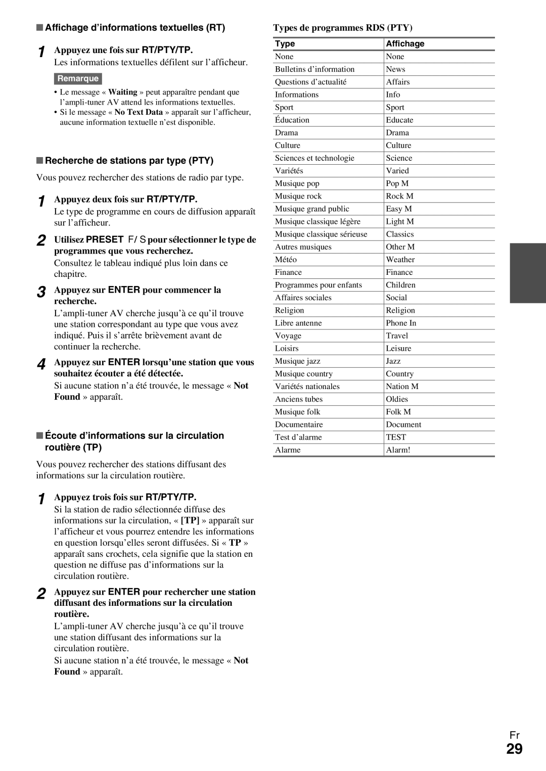 Onkyo HT-R990 instruction manual Affichage d’informations textuelles RT, Recherche de stations par type PTY 