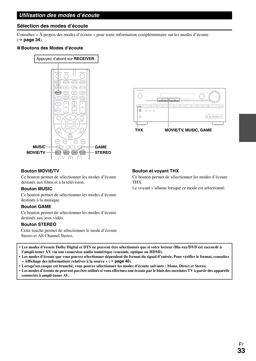 Onkyo HT-R990 instruction manual Utilisation des modes d’écoute, Sélection des modes d’écoute 