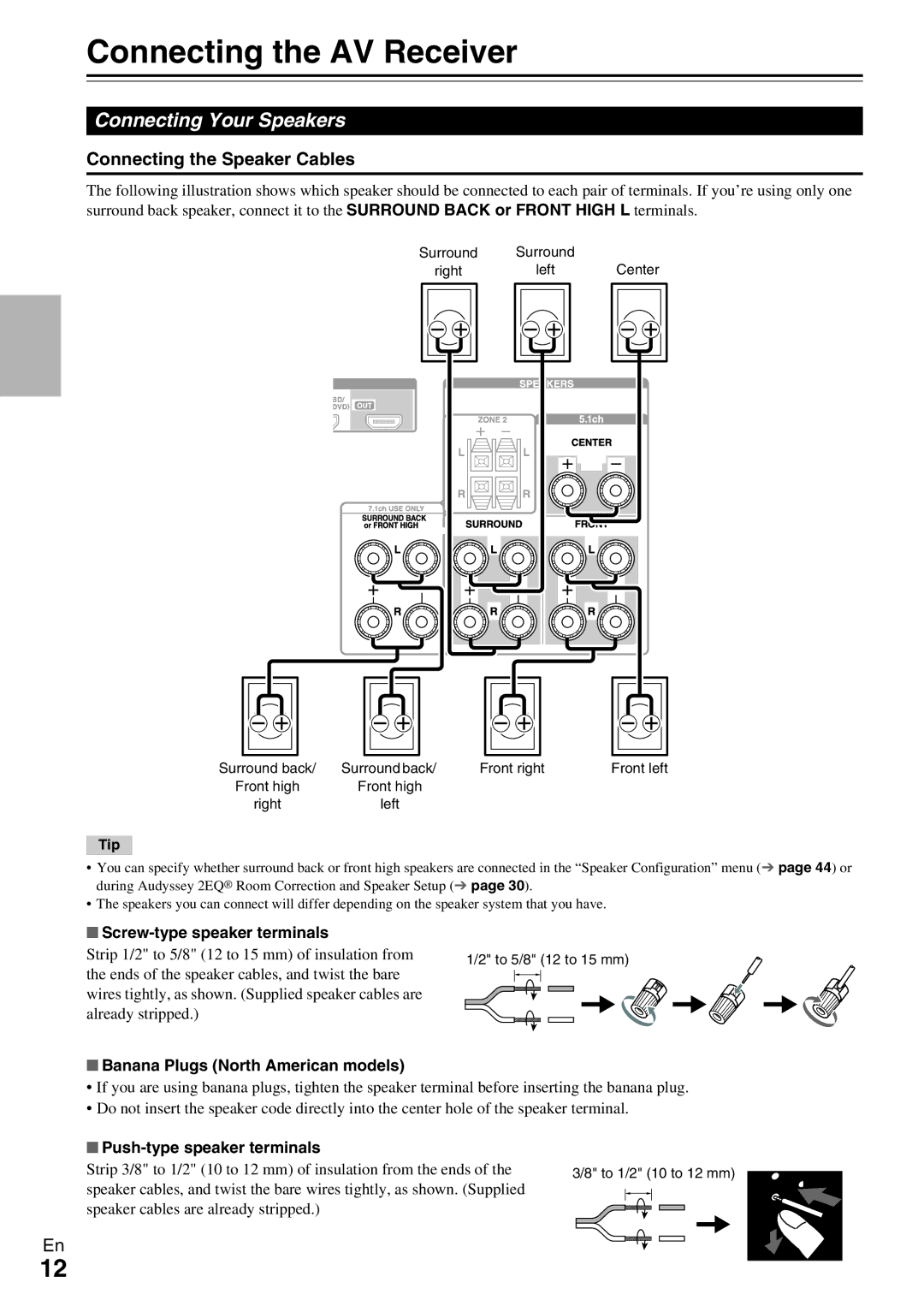 Onkyo HT-R990 instruction manual Connecting the AV Receiver, Connecting Your Speakers, Connecting the Speaker Cables 