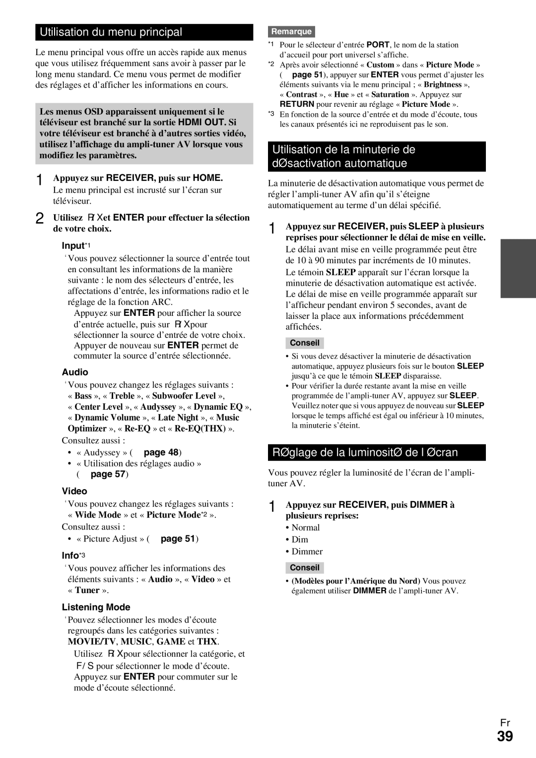 Onkyo HT-R990 instruction manual Utilisation du menu principal, Utilisation de la minuterie de désactivation automatique 