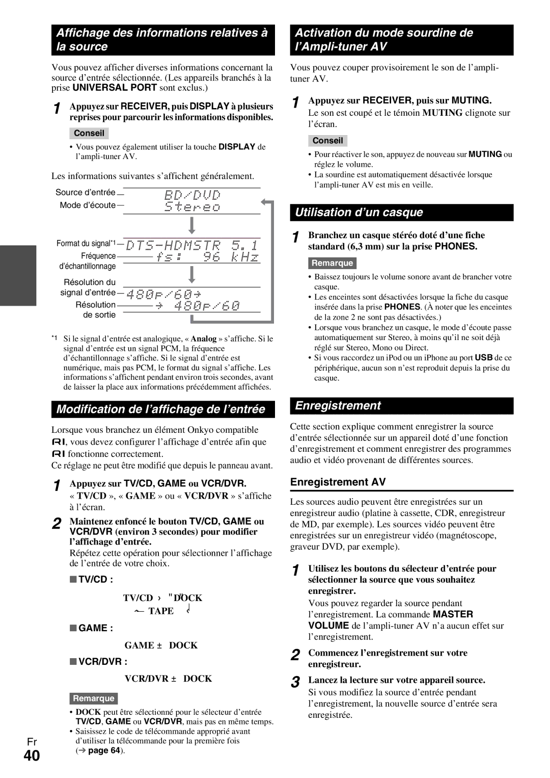 Onkyo HT-R990 Affichage des informations relatives à la source, Activation du mode sourdine de l’Ampli-tuner AV 