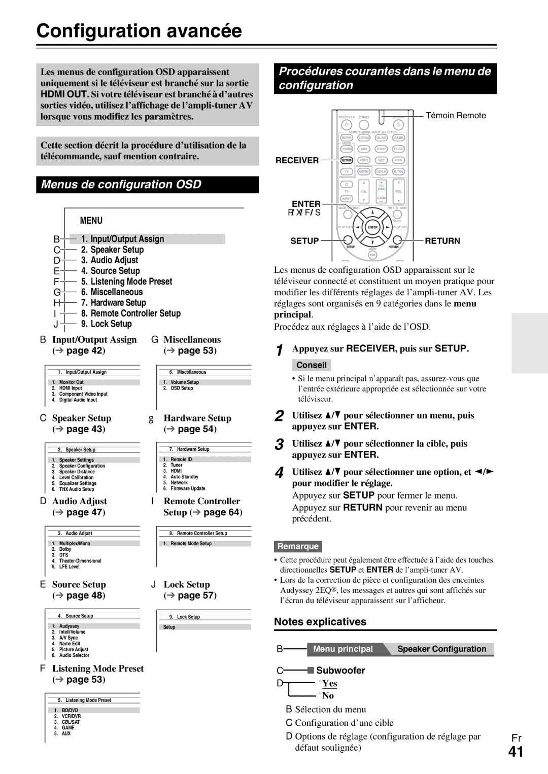 Onkyo HT-R990 Configuration avancée, Procédures courantes dans le menu de configuration, Menus de configuration OSD 