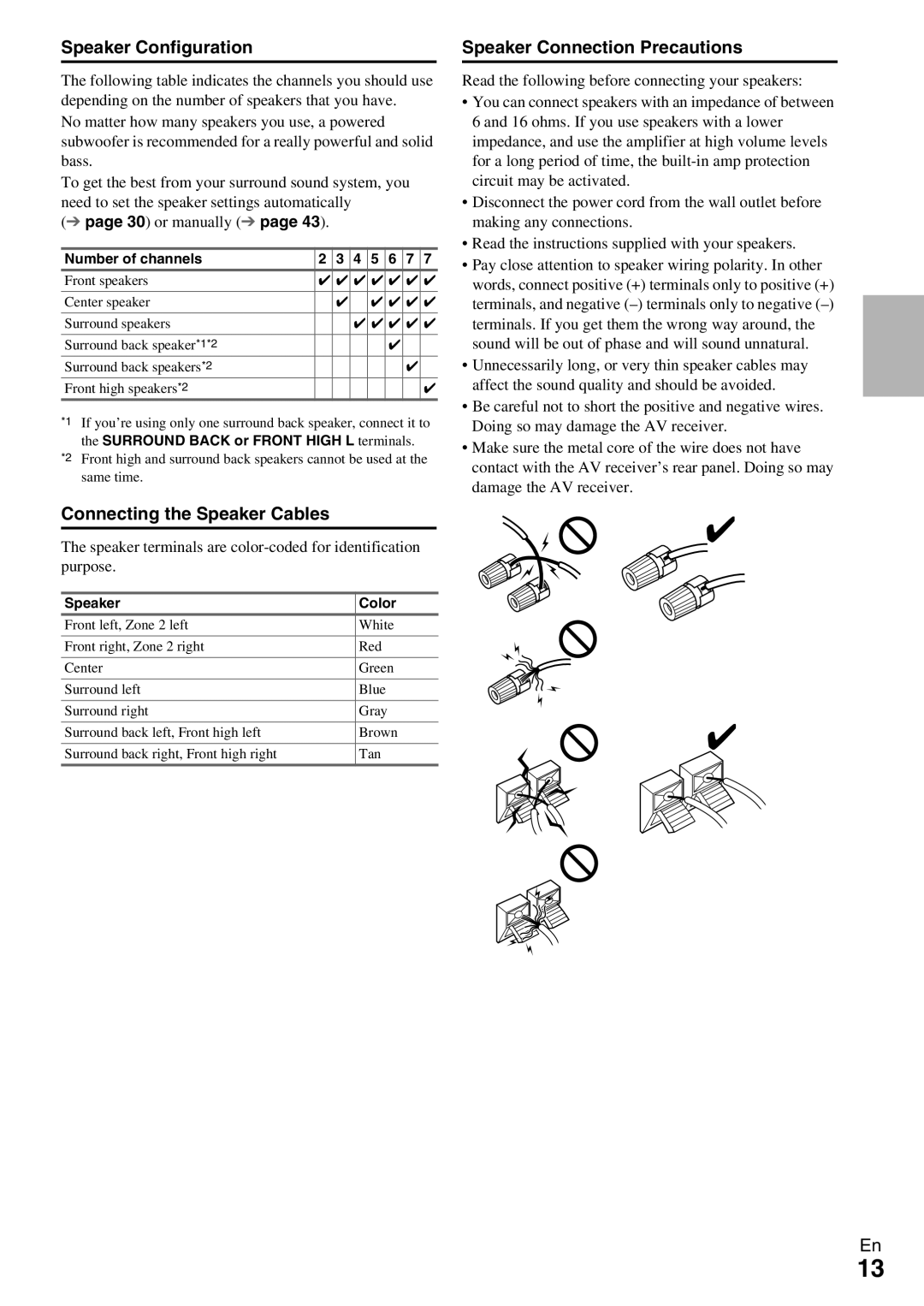 Onkyo HT-R990 instruction manual Speaker Configuration, Speaker Connection Precautions, Number of channels, Speaker Color 