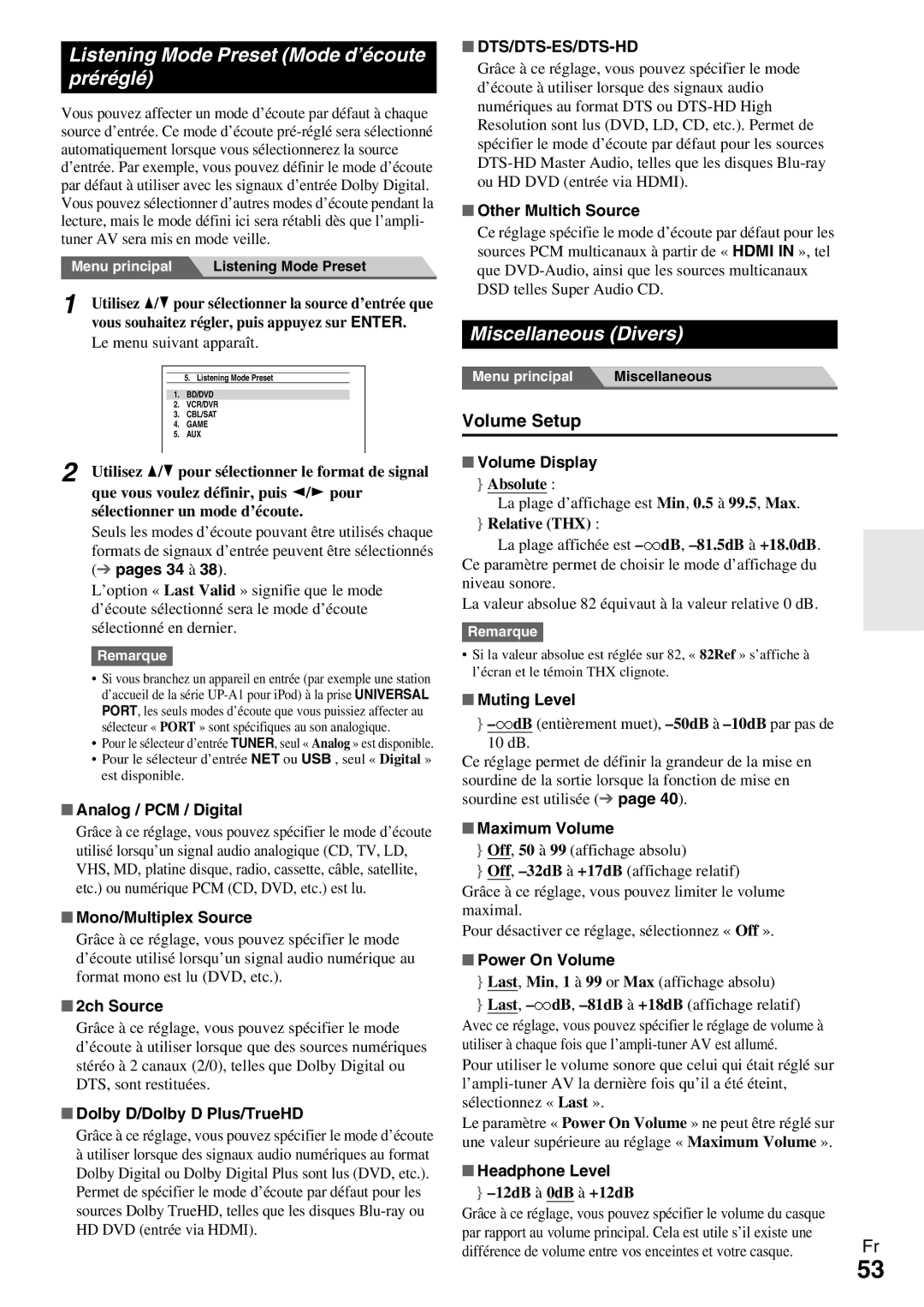 Onkyo HT-R990 Listening Mode Preset Mode d’écoute préréglé, Miscellaneous Divers, Le menu suivant apparaît 