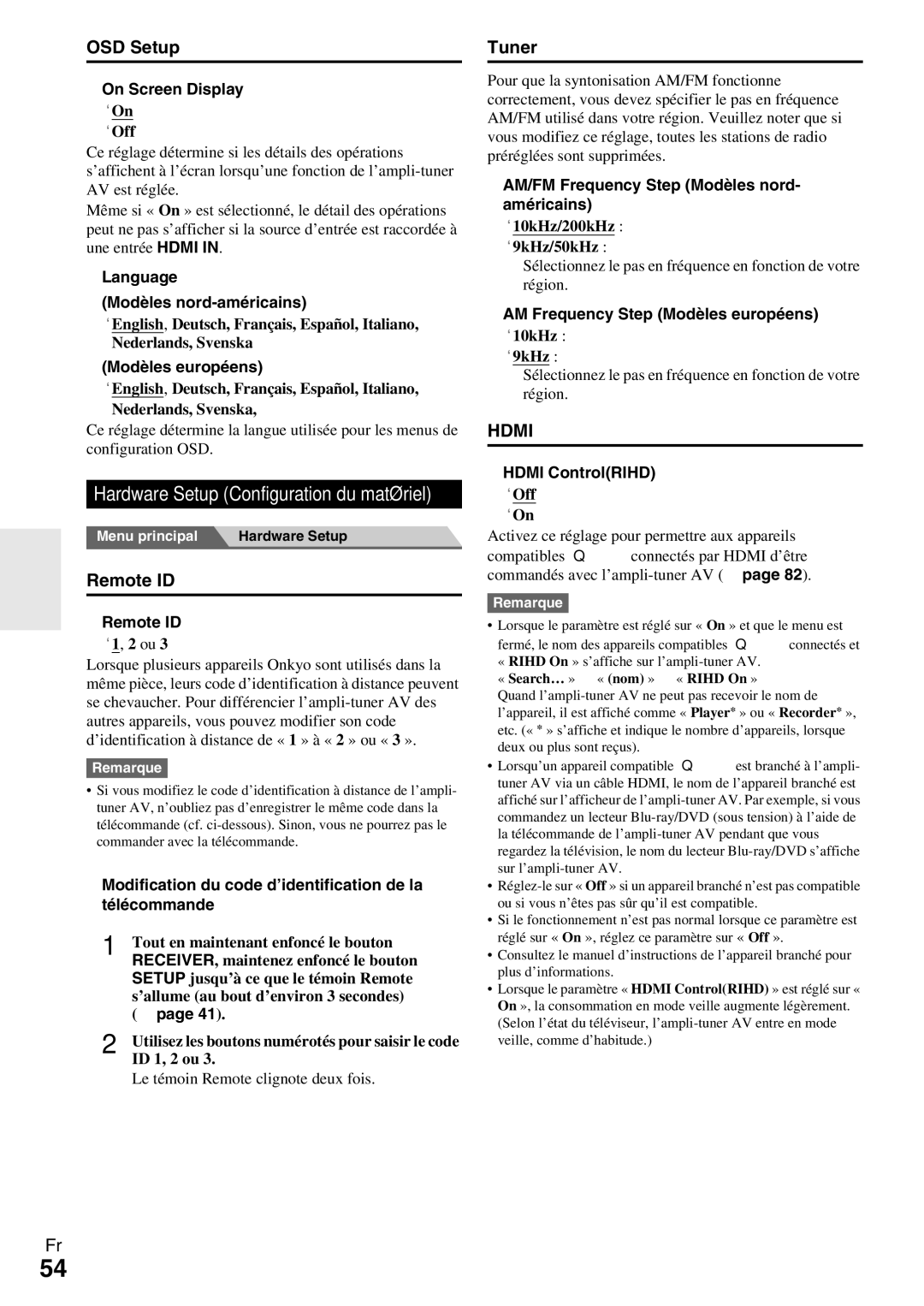 Onkyo HT-R990 instruction manual OSD Setup, Hardware Setup Configuration du matériel 