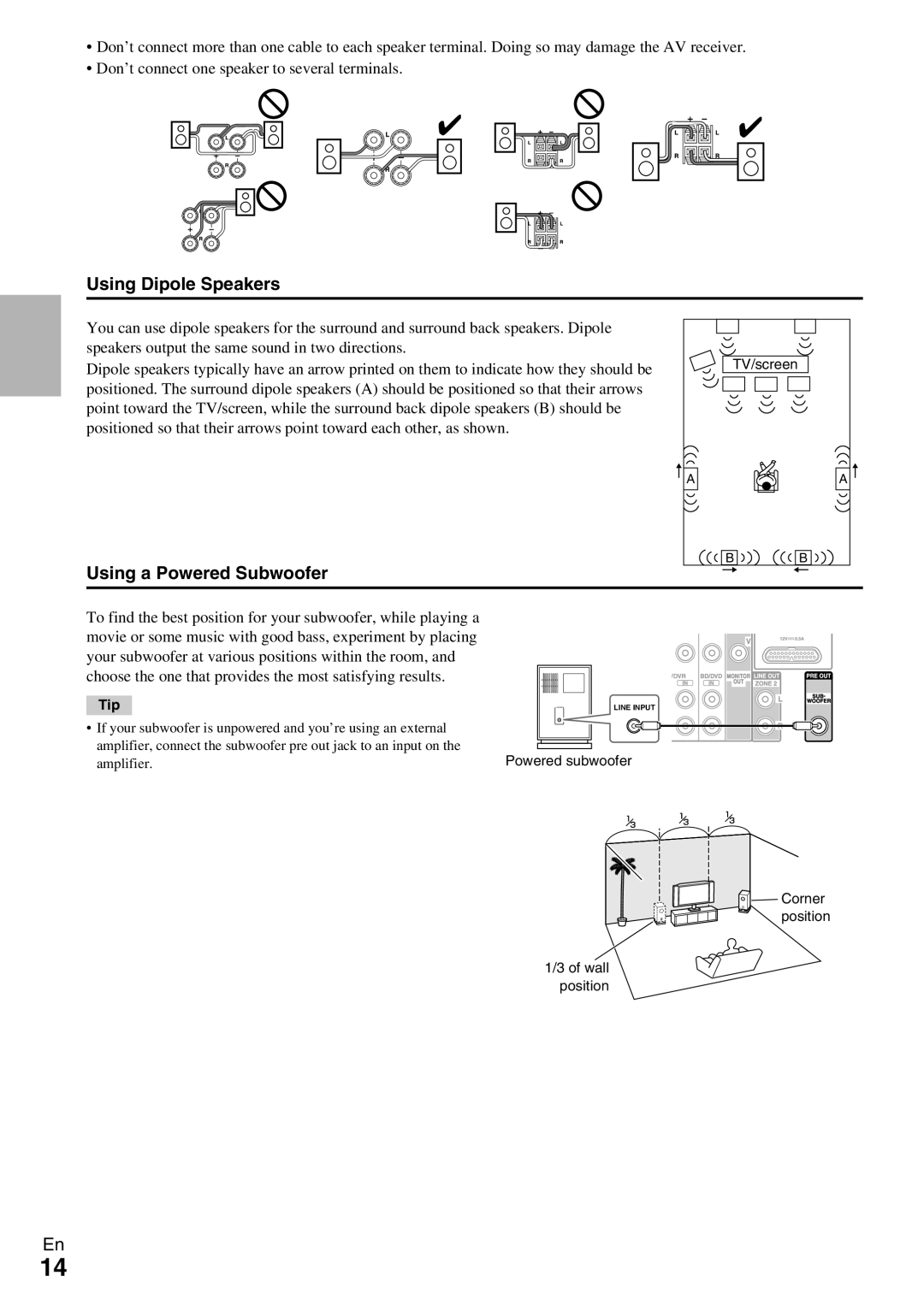 Onkyo HT-R990 instruction manual Using Dipole Speakers, Using a Powered Subwoofer 