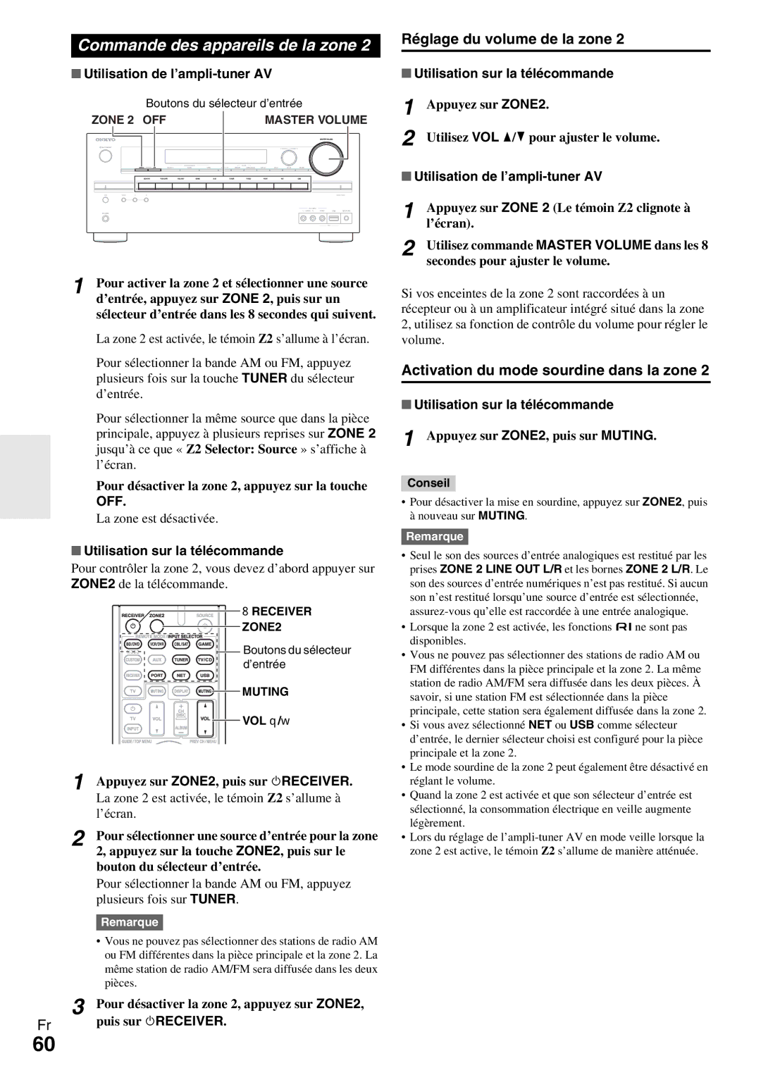 Onkyo HT-R990 Commande des appareils de la zone, Réglage du volume de la zone, Activation du mode sourdine dans la zone 