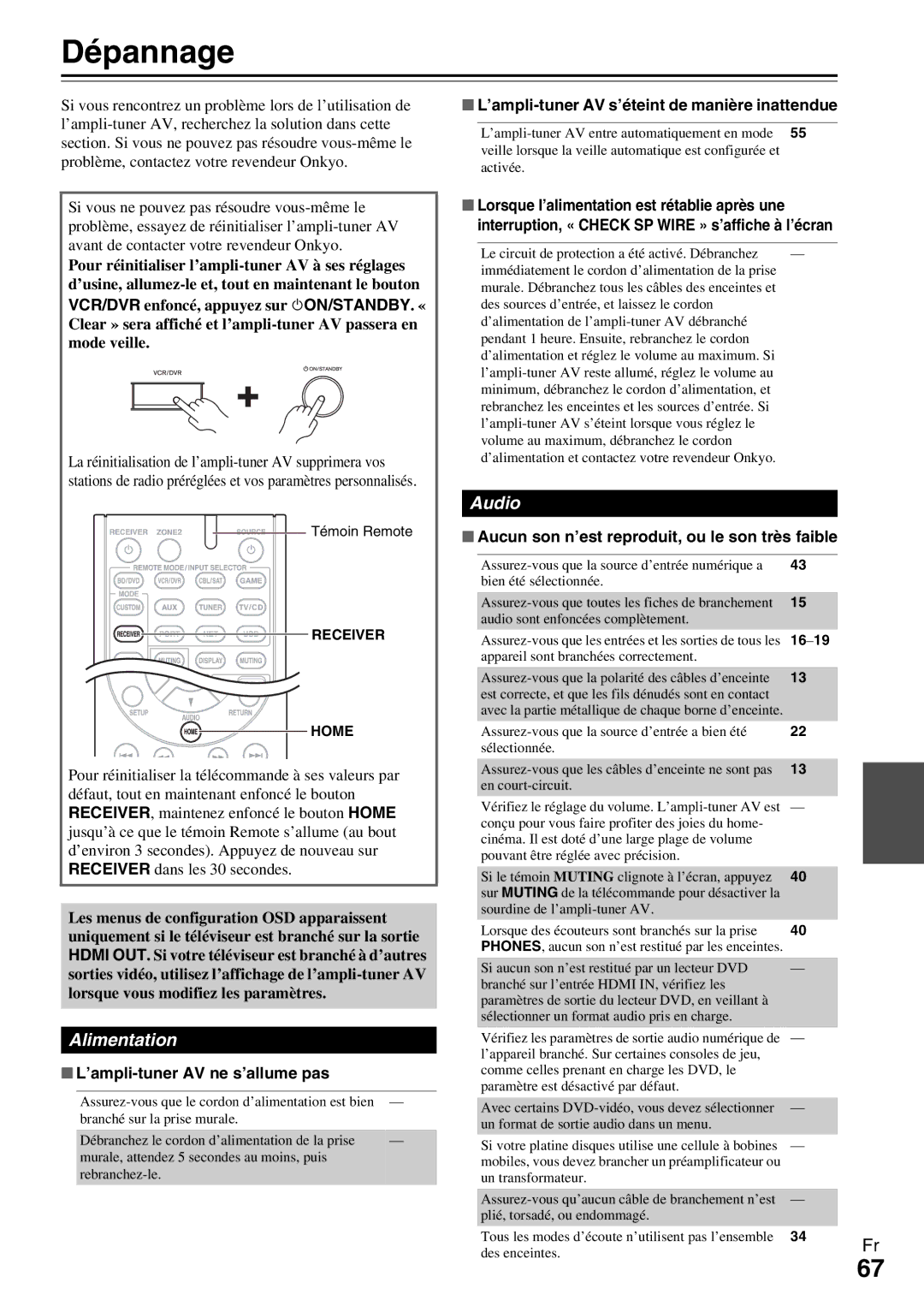 Onkyo HT-R990 Dépannage, Alimentation, ’ampli-tuner AV ne s’allume pas, ’ampli-tuner AV s’éteint de manière inattendue 