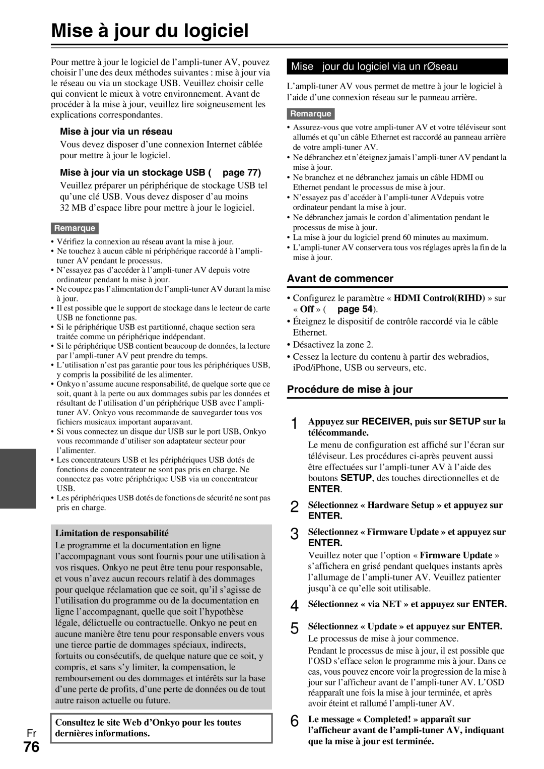 Onkyo HT-R990 instruction manual Mise à jour du logiciel via un réseau, Avant de commencer, Procédure de mise à jour 