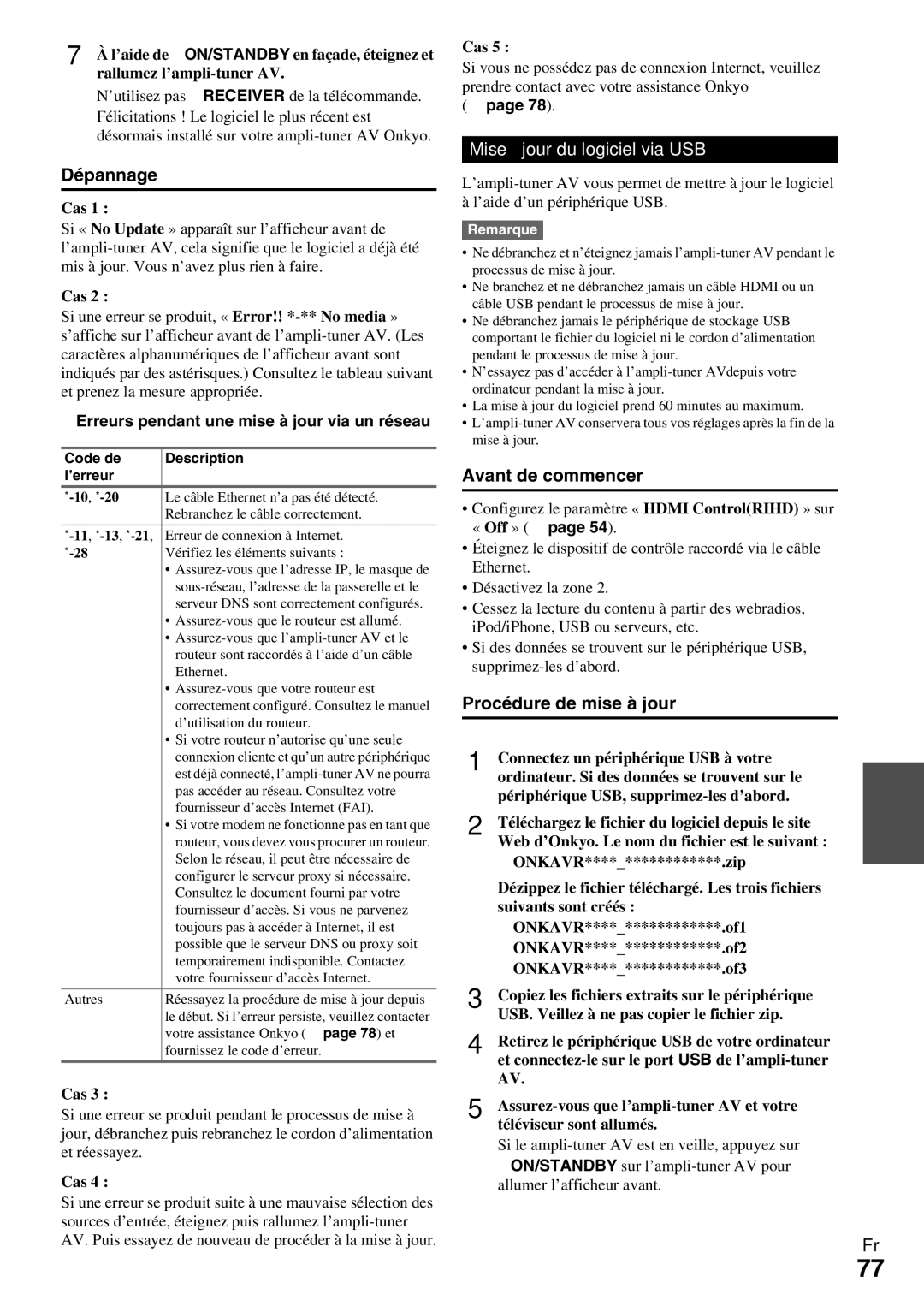 Onkyo HT-R990 instruction manual Dépannage, Mise à jour du logiciel via USB, Erreurs pendant une mise à jour via un réseau 