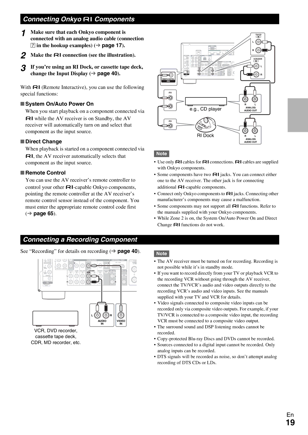 Onkyo HT-R990 Connecting Onkyo uComponents, Connecting a Recording Component, System On/Auto Power On, Direct Change 