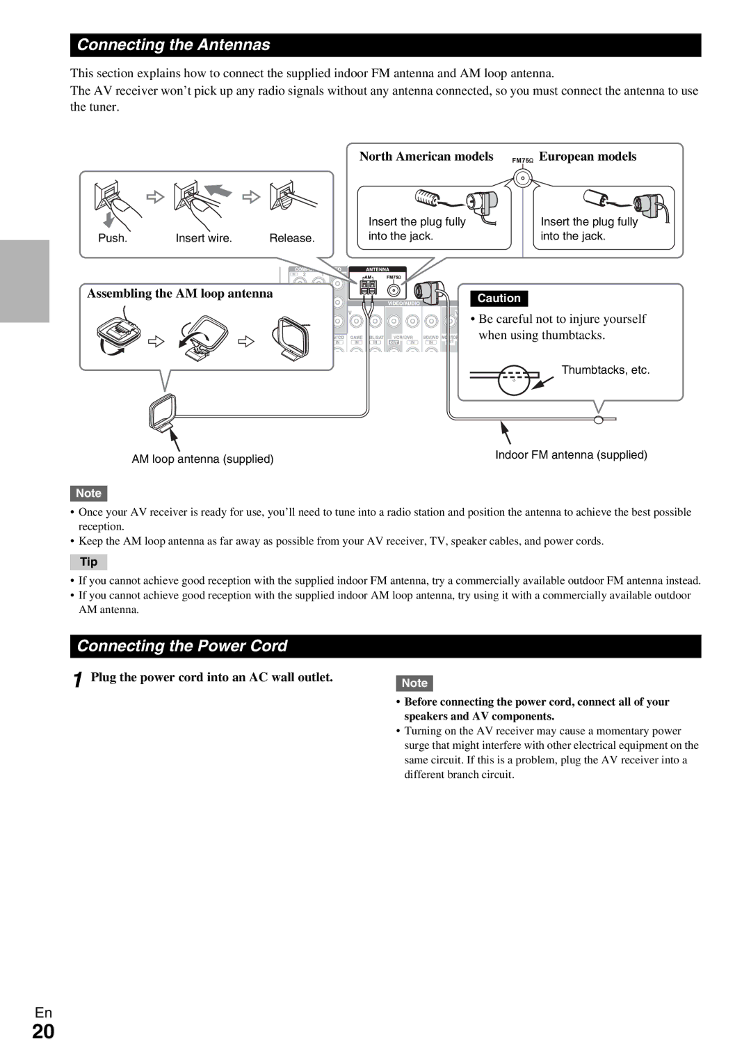 Onkyo HT-R990 instruction manual Connecting the Antennas, Connecting the Power Cord, Assembling the AM loop antenna 