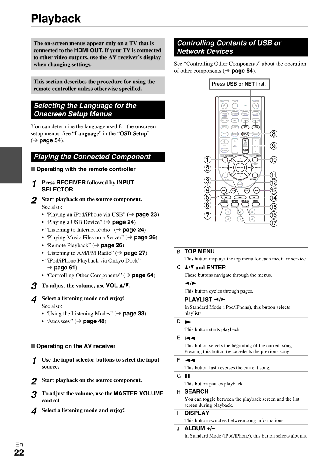 Onkyo HT-R990 Playback, Controlling Contents of USB or Network Devices, Selecting the Language for Onscreen Setup Menus 