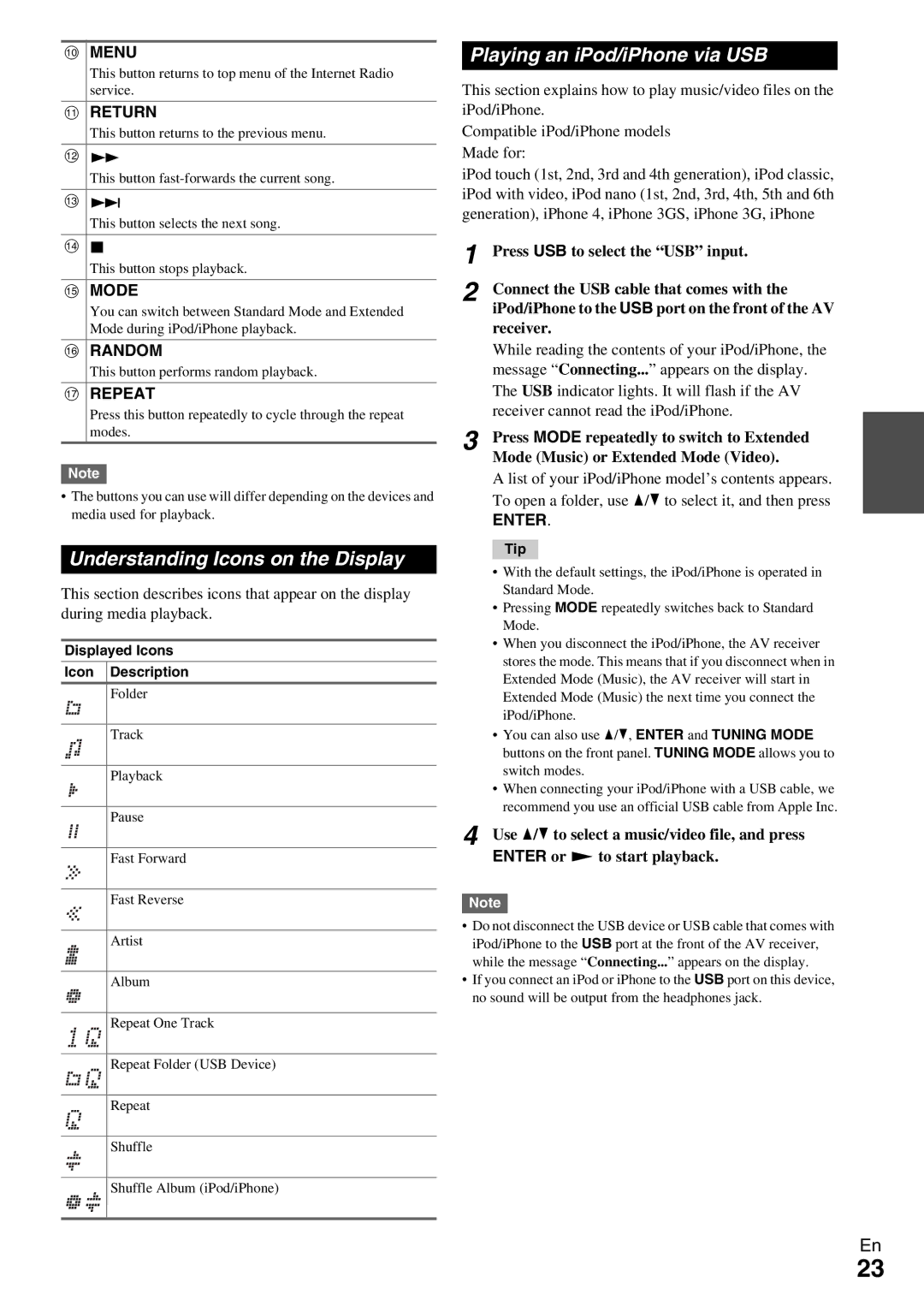 Onkyo HT-R990 instruction manual Understanding Icons on the Display, Playing an iPod/iPhone via USB, Enter 