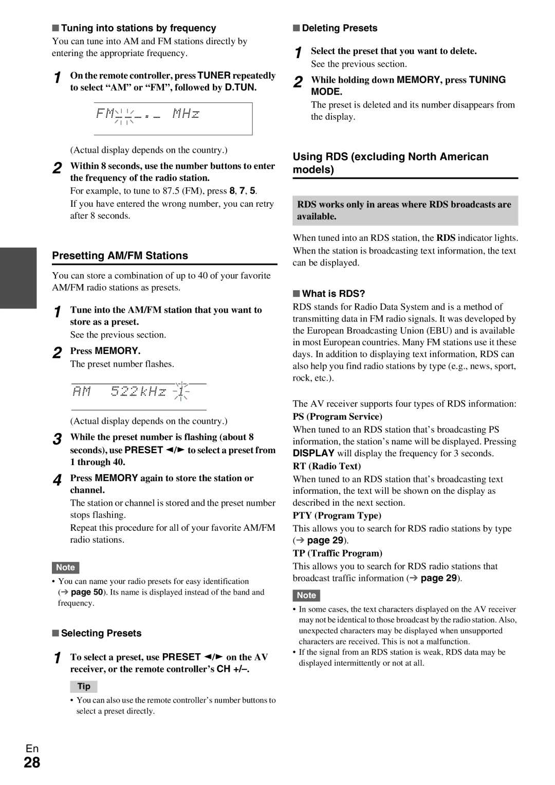 Onkyo HT-R990 instruction manual Presetting AM/FM Stations, Using RDS excluding North American models, Mode 