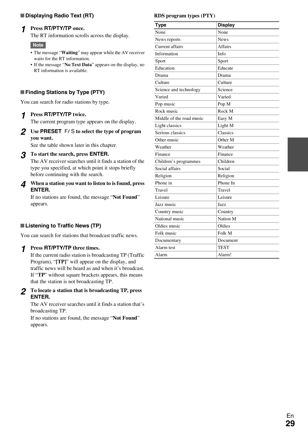 Onkyo HT-R990 instruction manual Displaying Radio Text RT, Finding Stations by Type PTY, Listening to Traffic News TP 