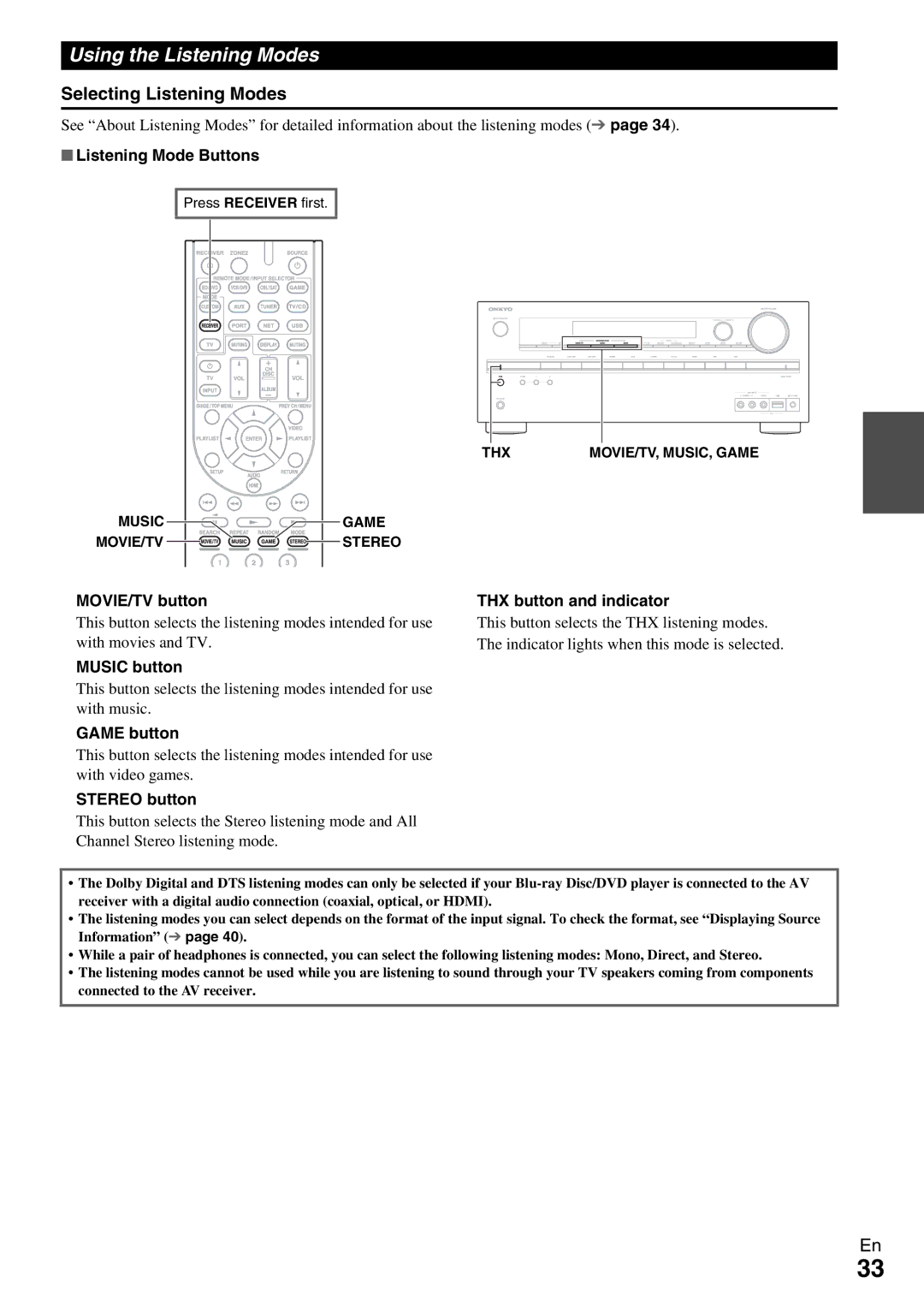 Onkyo HT-R990 instruction manual Using the Listening Modes, Selecting Listening Modes 