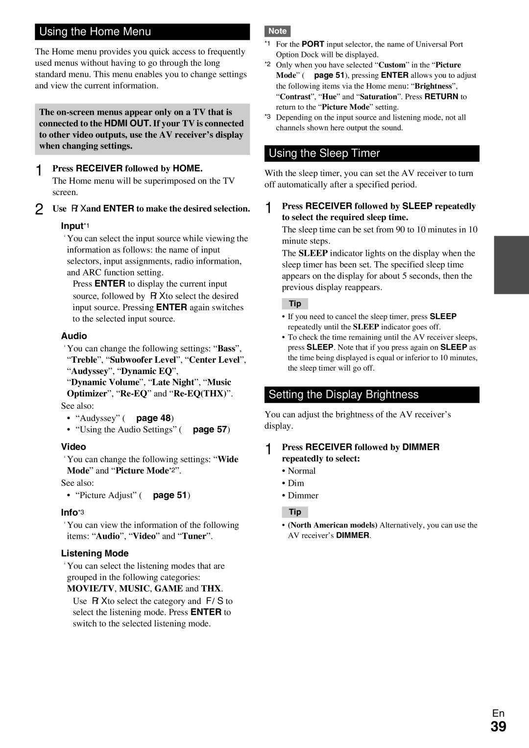 Onkyo HT-R990 instruction manual Using the Home Menu, Using the Sleep Timer, Setting the Display Brightness 