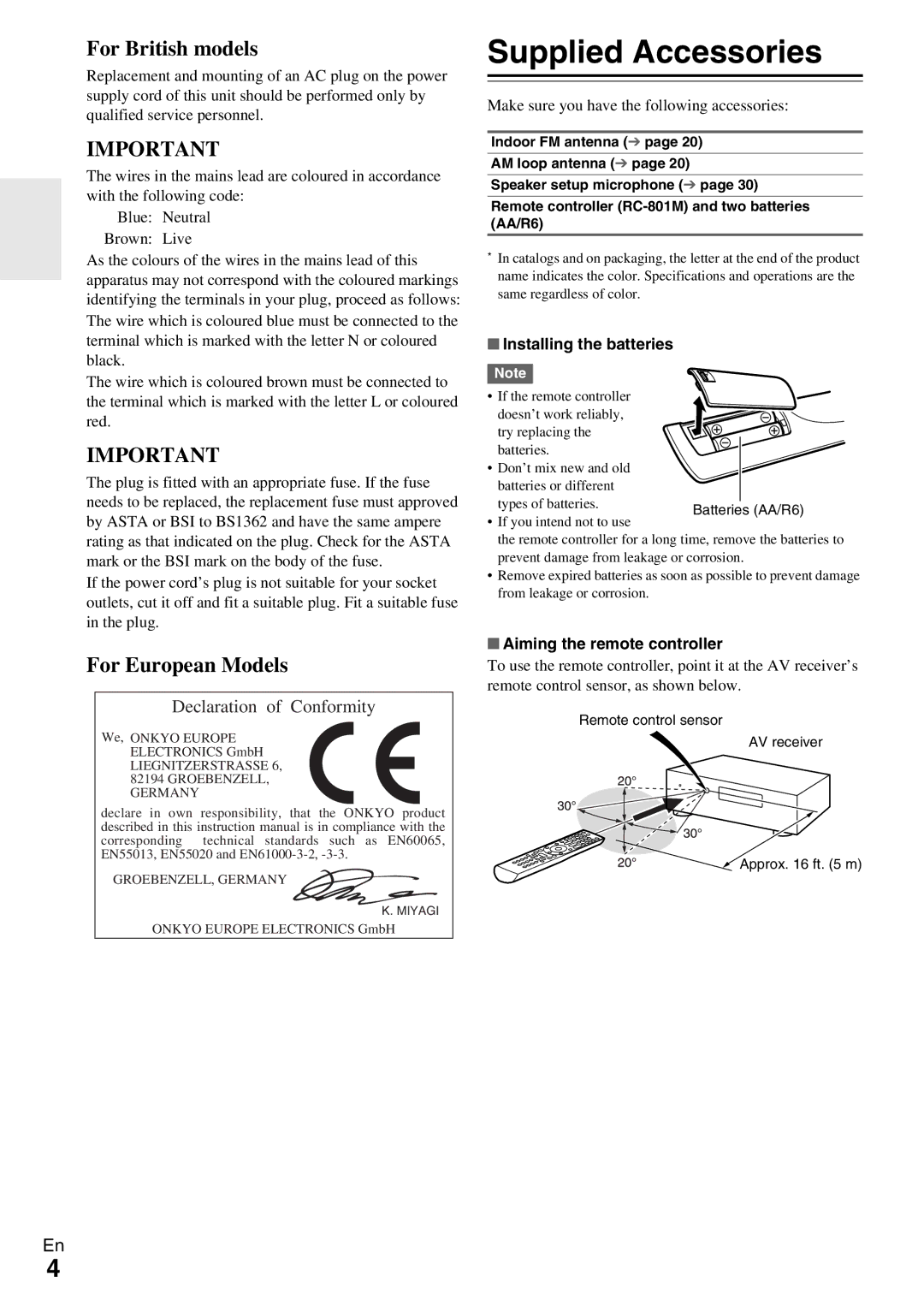 Onkyo HT-R990 Supplied Accessories, Make sure you have the following accessories, Installing the batteries 