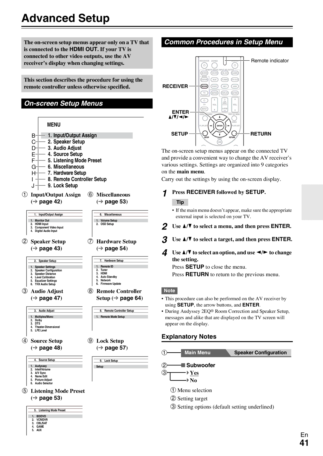 Onkyo HT-R990 instruction manual Advanced Setup, Common Procedures in Setup Menu, On-screen Setup Menus, Explanatory Notes 