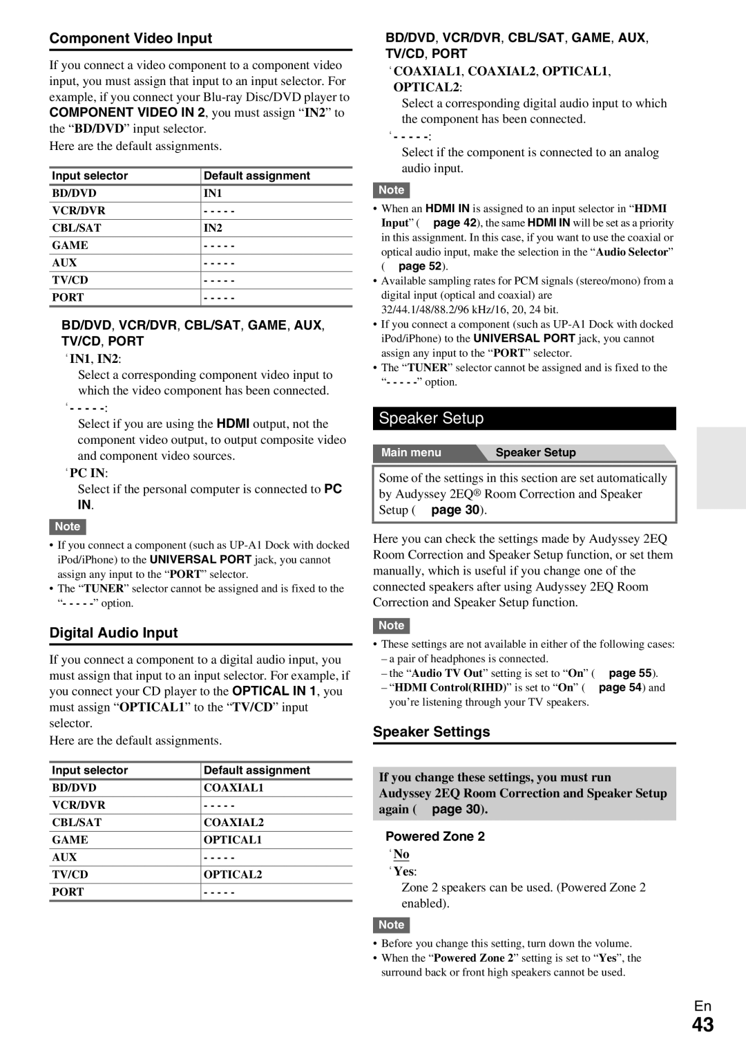 Onkyo HT-R990 instruction manual Speaker Setup, Component Video Input, Digital Audio Input, Speaker Settings, Powered Zone 