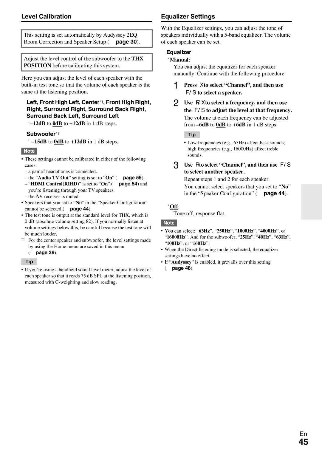 Onkyo HT-R990 instruction manual Level Calibration, Equalizer Settings, Subwoofer*1 