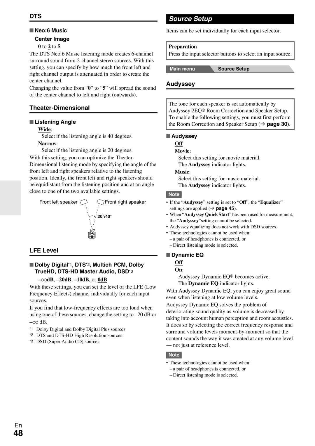 Onkyo HT-R990 instruction manual Source Setup, Theater-Dimensional, LFE Level, Audyssey 